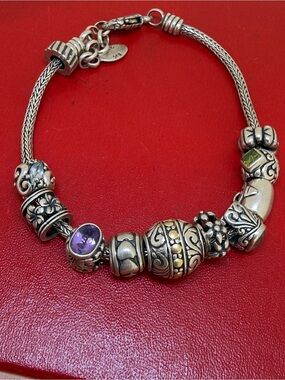Samuel Benham Sterling Silver Ornate Beaded Bracelet w/ 10 Charms w/ Gems